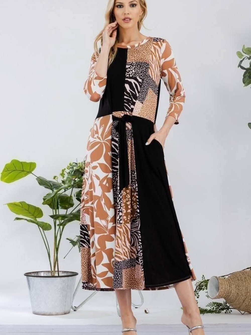 Celeste Patchwork Midi Dress in Black & Brown